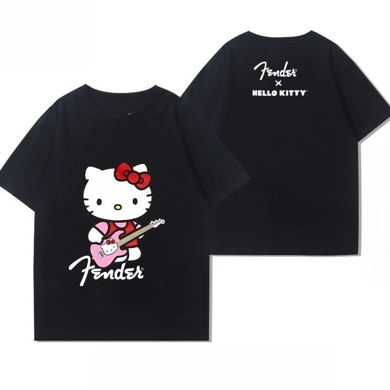 

Disney Hello Kitty, музыкальная гитара, периферийные устройства с коротким рукавом, мужская и женская, лето 2021, милая свободная повседневная универсальная футболка, одежда