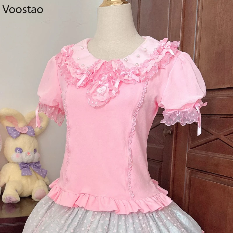 النمط الياباني Kawaii لوليتا بلوزة المرأة لطيف القوس الدانتيل الكشكشة بيتر بان طوق قمصان طويلة الأكمام الحلو الأميرة Blusas القمم #6