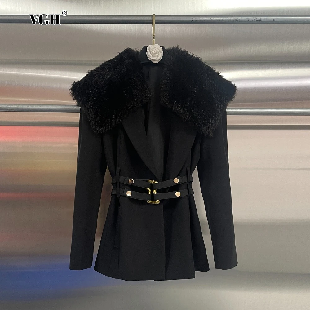 

VGH Solid Luxurious Temperament Jacket for Women Removable Fur Collar Long Sleeve Spliced Sashes Slimming Blazer Female Autumn