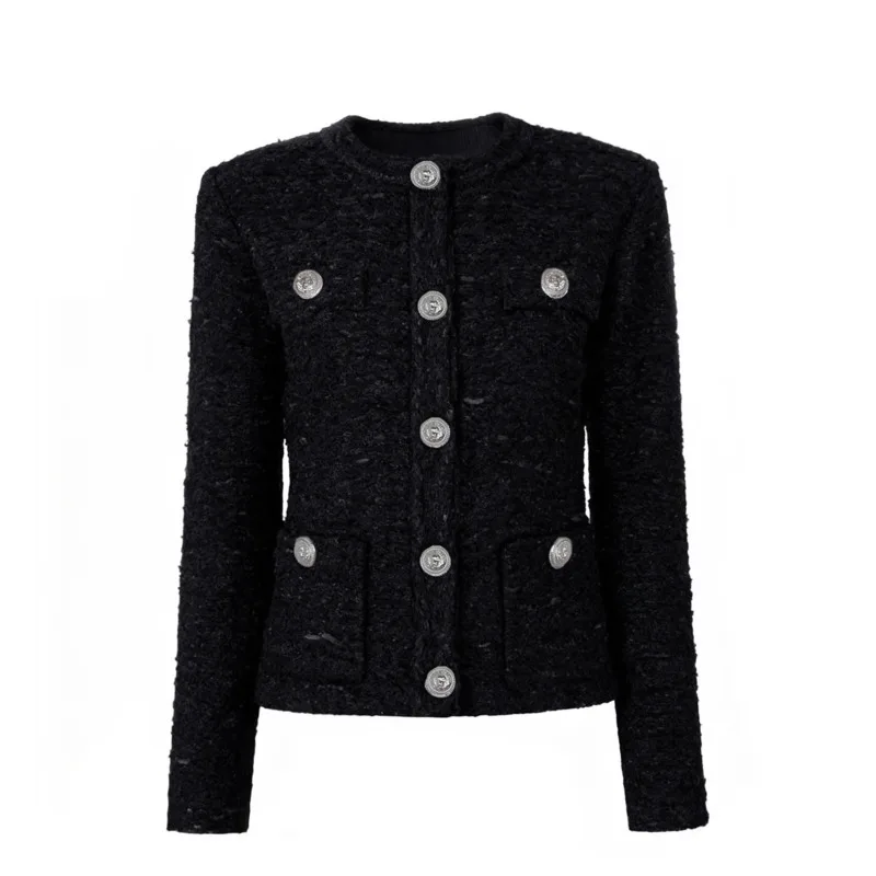 LEOSOXS Women's Stylish Black Tweed Casual Blazer Lion-Head Embellished Buttons For Autumn Winter Versatile Daily Look 2025