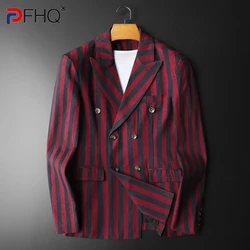 PFHQ 2024 Autumn Striped Men's Slim Fit Suit Contrast Color Luxury Double Breast Long Sleeve Korea Fashion Tops 21Z5814