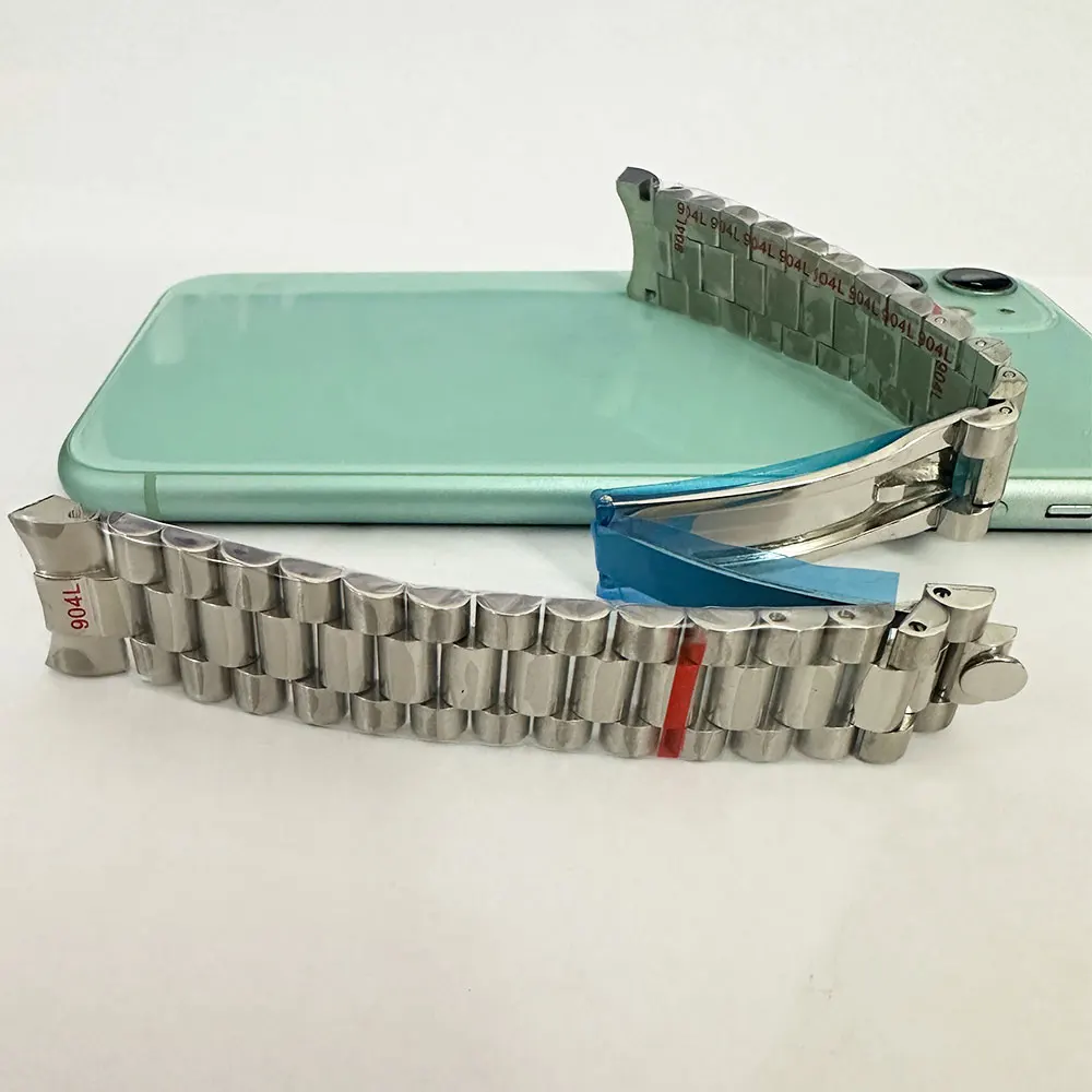20MM Width Silver Presidential Solid Bracelet 904L Stainless Steel Glide Lock Clasp Wristband for Sub Log NH34 NH35 Watch Case