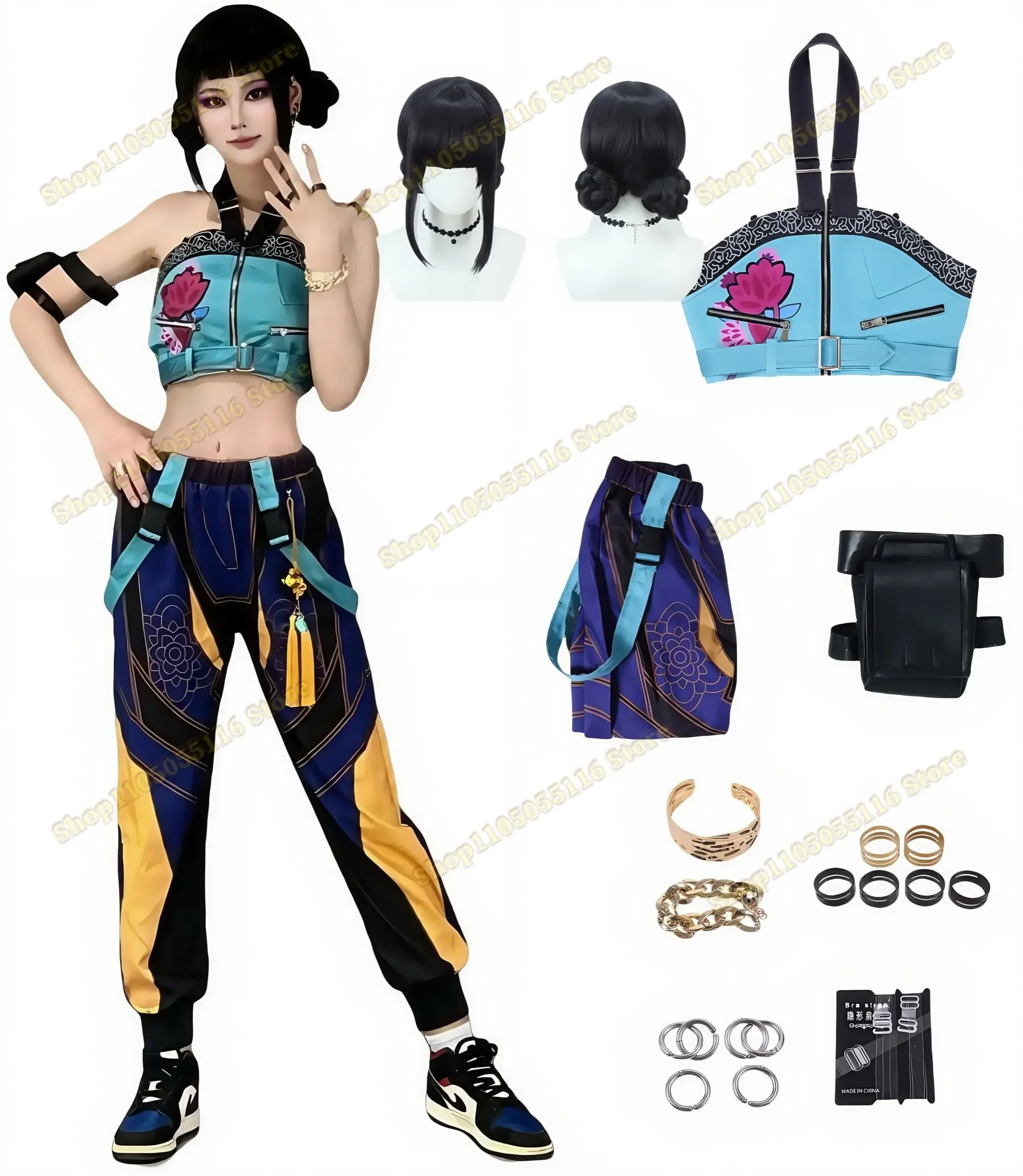 Demon Hunters Cosplay Costume, 16-Piece Huntrix Zoey Outfit w/Wig, Halloween Female Idol Performance Attire with Wigs