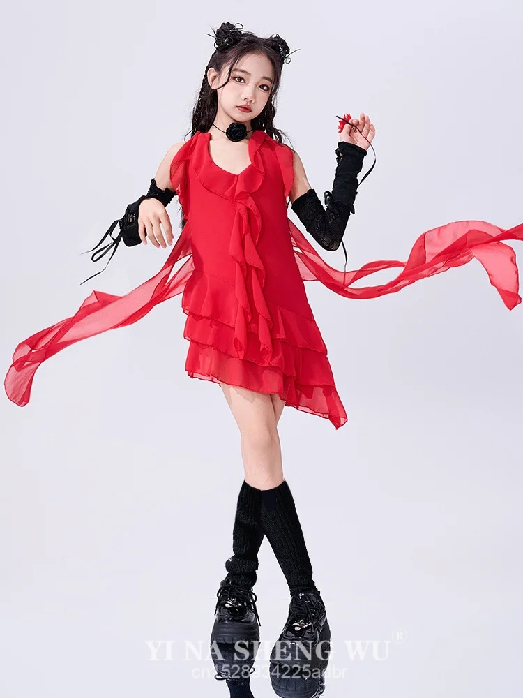 New Red Ribbon Dress Jazz Dance Clothes Street Dance Hip Hop For Girls Dress Suit Performance Music Festival Catwalk Outfits