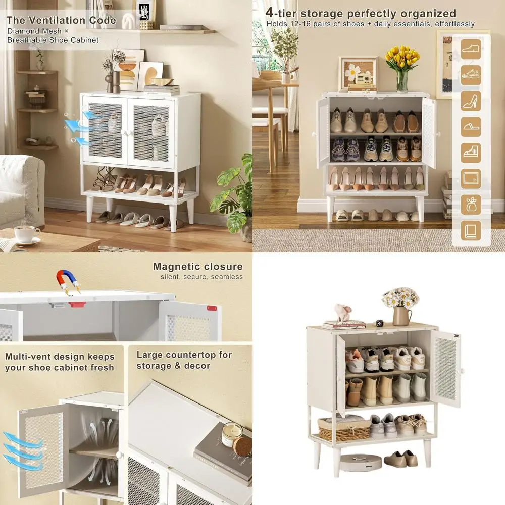 

Mesh Door Shoe Storage Cabinet for Entryway - Holds 12-16 Pairs, Wooden Rack for Hallway & Living Room (White)