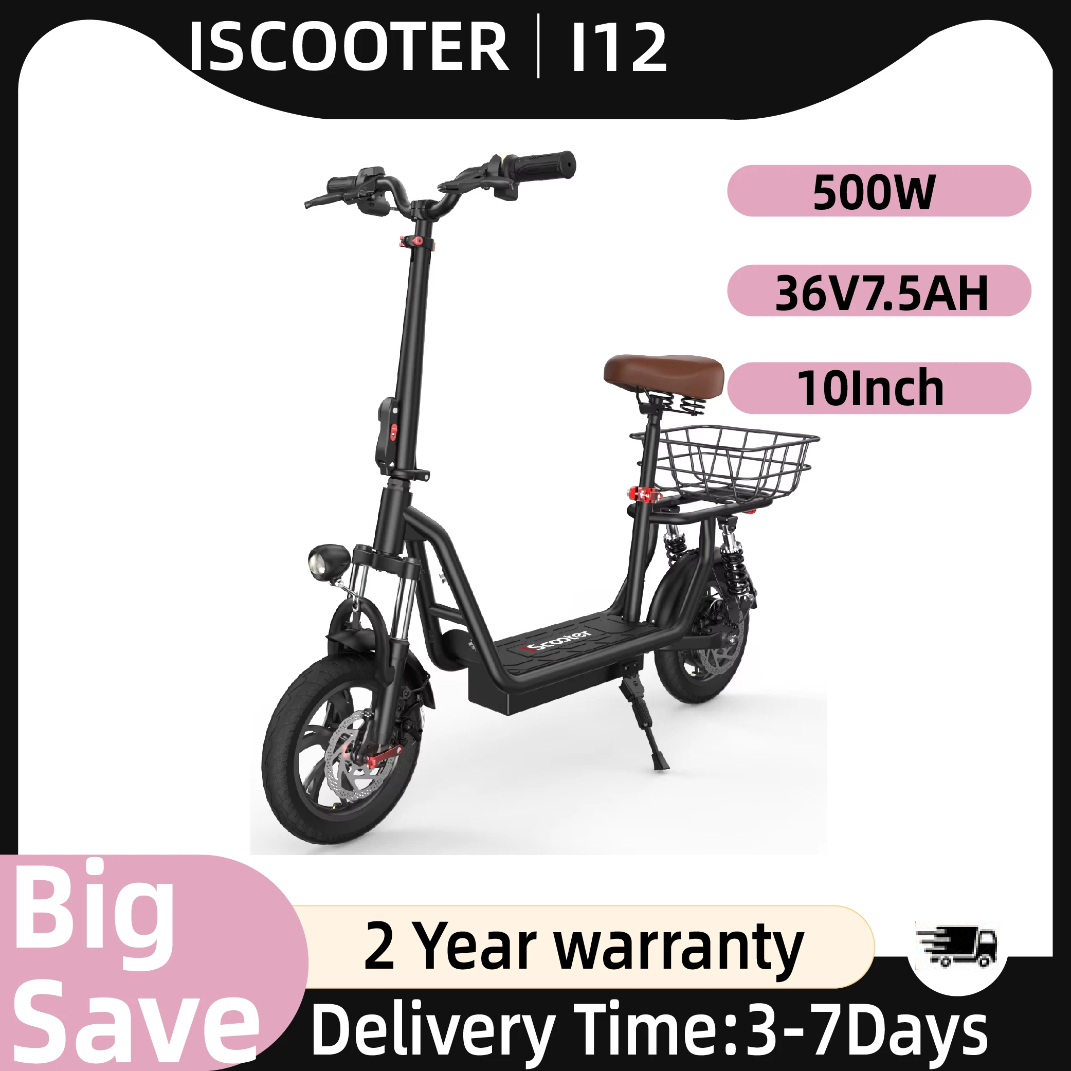 ISCOOTER I12 adulte Scooter électrique 500W moteur e-scooter 36V7.5AH batterie Scooter électrique 12 pouces route pneu Scooter électrique