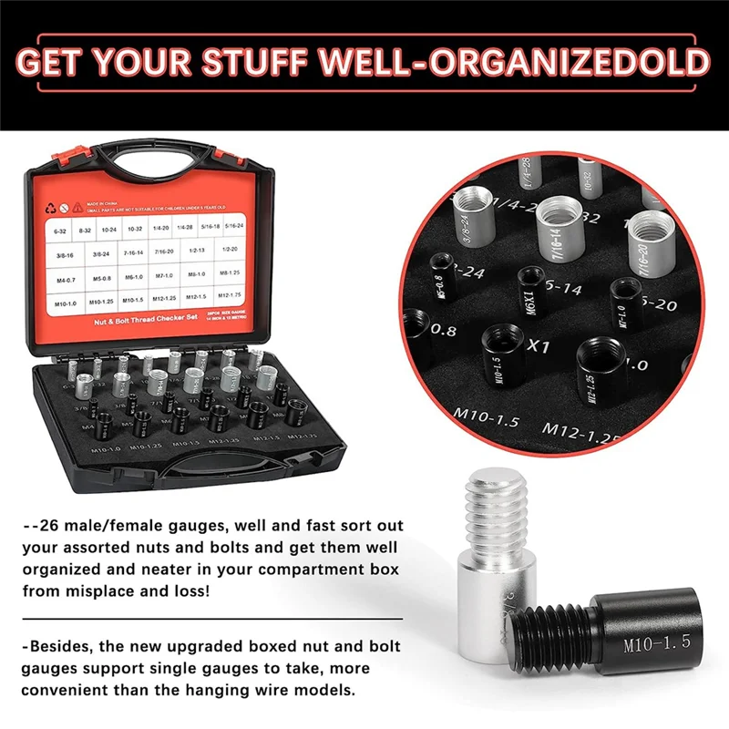 너트 및 볼트 나사 검사, 너트 및 볼트 크기 게이지, 14 인치 및 12 미터법, 감지용 조립 나사 게이지
