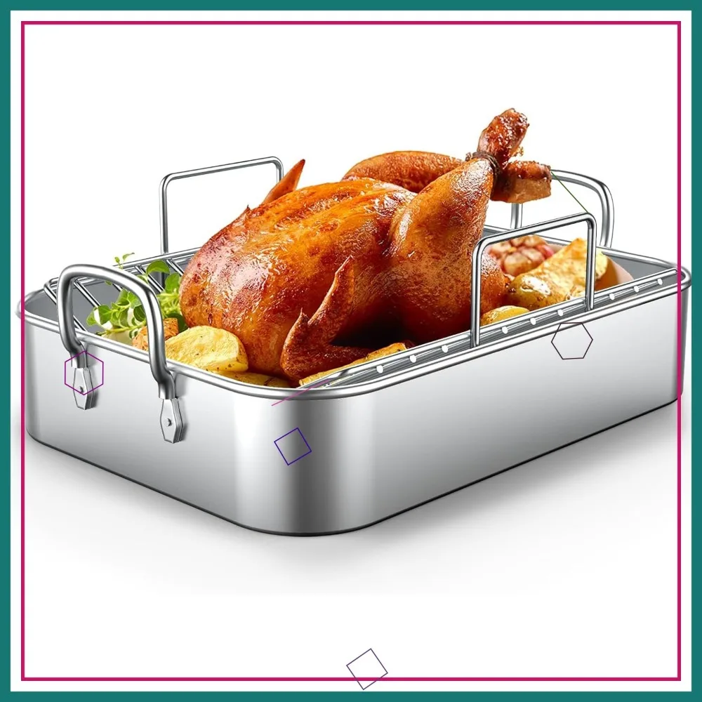 

Жаровня из нержавеющей стали для индейки со стойкой - сверхпрочная сковорода для жарки, куриного мяса, лазаньи, 17x13 дюймов