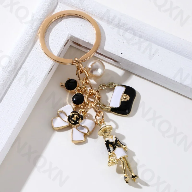 Pretty Bow Knot Handbag Hat Elegant Women Enamel Keychain Preal Key Ring For Girls Friendship Gift Handmade DIY Jewelry Set