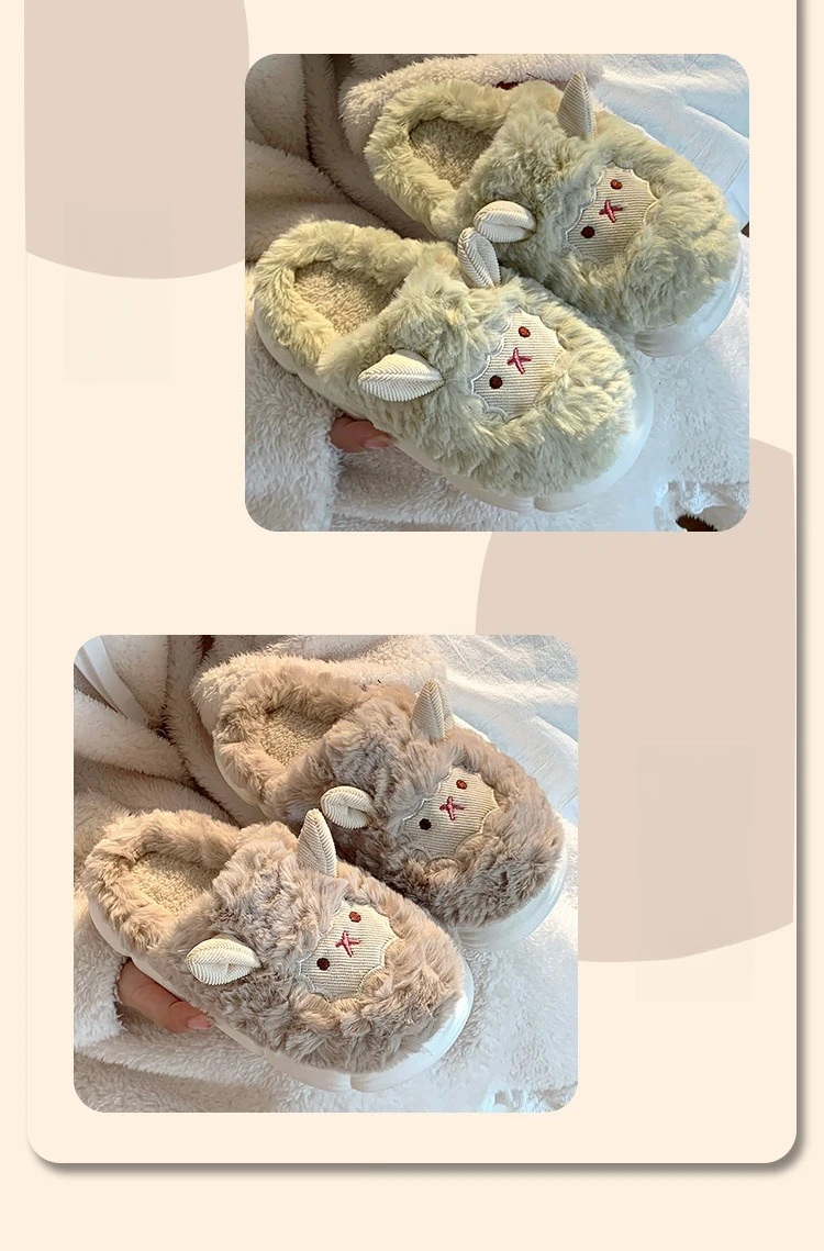 Niedliche Lamm-Plüsch-Hausschuhe für Damen – rutschfeste Winter-Hausschuhe, mit Fleece gefütterte Innenrutschen mit dicker Sohle für gemütlichen Komfort zu Hause – Detail 4