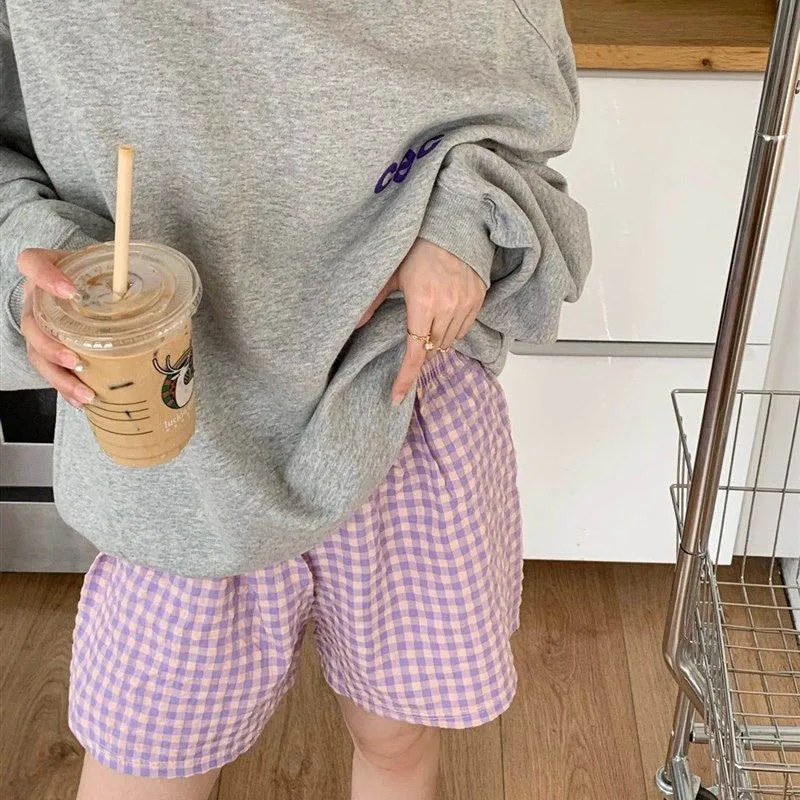 Plaid Pajamas Pants for Women Sleep Shorts Bottoms Summer Sleepwear Korean Style Home Clothes Elastic Waist Room Sleeping Wear