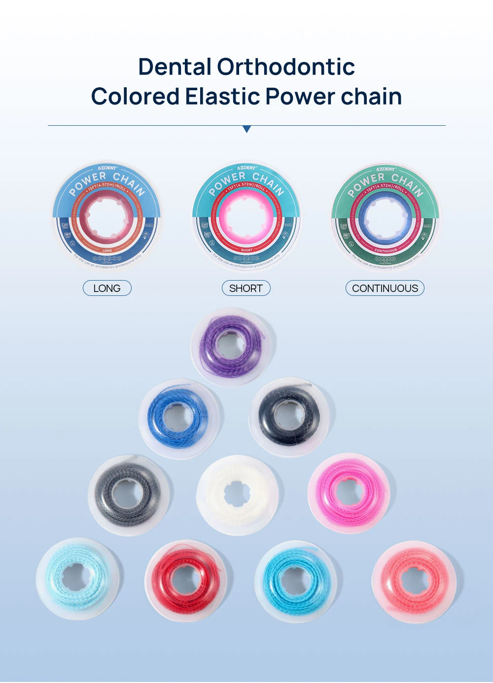 AZDENT Zahnkieferorthopädische elastische Power-Kette, farbiges Gummiband, 4,57 m = 15 Fuß/Spule, lange, kurze, kontinuierliche Power-Kette – Detail 1