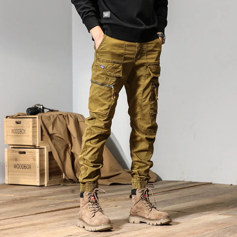 CAAYU Jogger Men's Work Pants With Multiple Pockets, Fashionable Trendy Hip Hop Street Jogging Casual Solid Color Grey Leg Tied