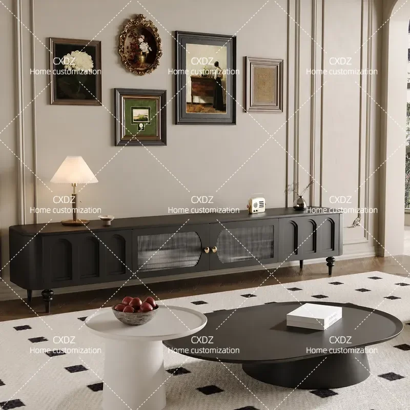 Retro Solid Wood TV Cabinet and Coffee Table Combo Simple Black Antique Style Living Room Furniture for Small Apartments
