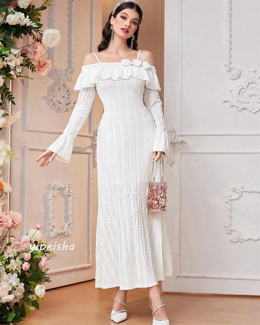 Customized Evening Jersey Flower Draped Ruched Homecoming A-line Off-the-shoulder Bespoke Occasion Gown Midi Dresses