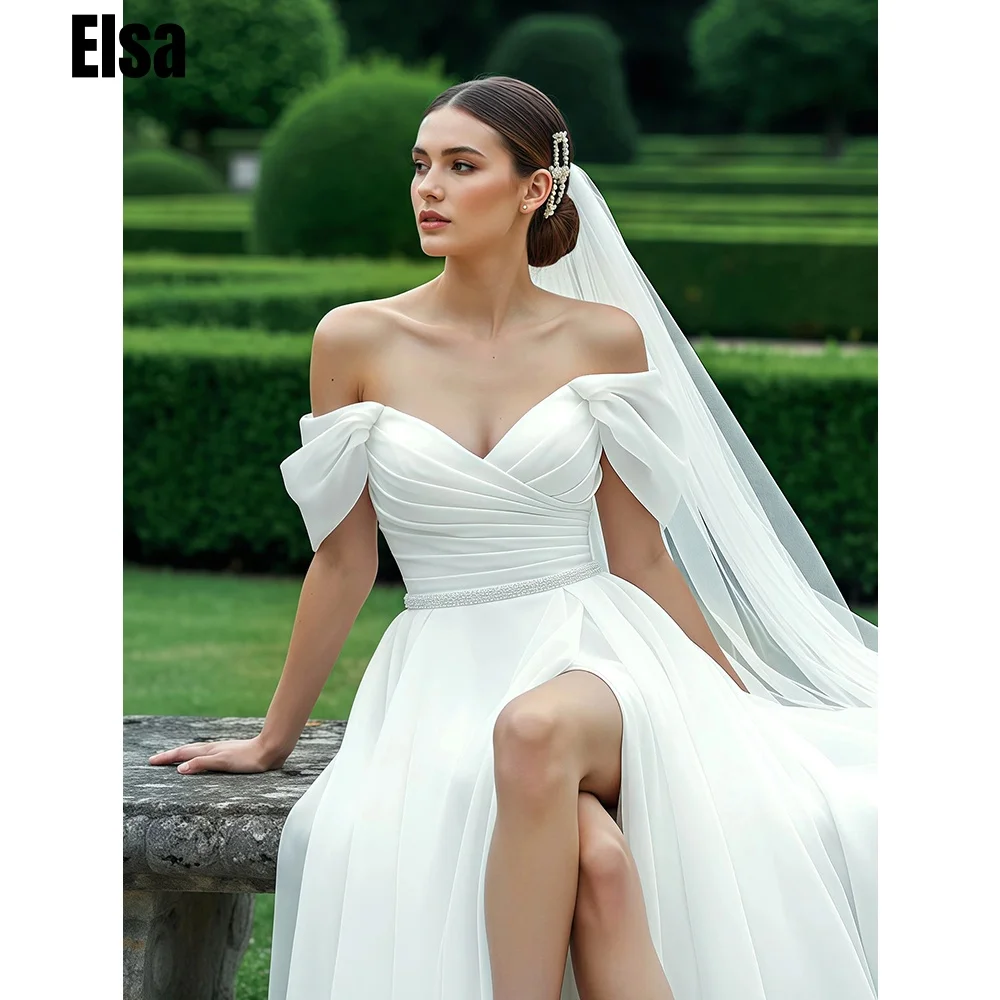 Ivory Organza Wedding Dresses For Women Off-Shoulder Long Bridal Gowns A-line Slit Sexy Bride Dress vestido de novia Customized