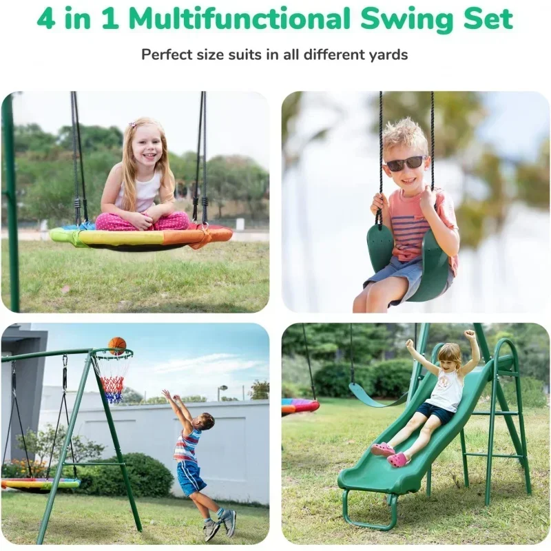 Swing Sets for Backyard with Slide, Heavy Duty Metal Swing Stand, Saucer Swing, Belt Swing,Basketball Hoop