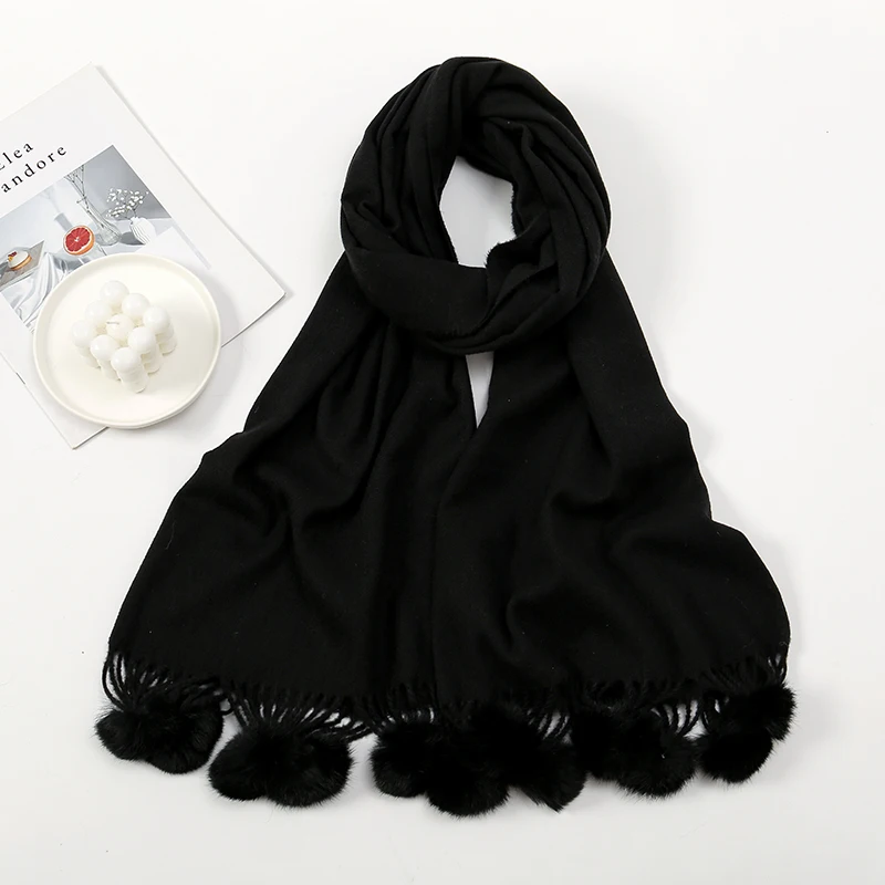 Winter Extended Extra Thick Solid Color Scarfs for Women Muffler with Lovely Hairball Tassel Outdoor Insulation and Warm