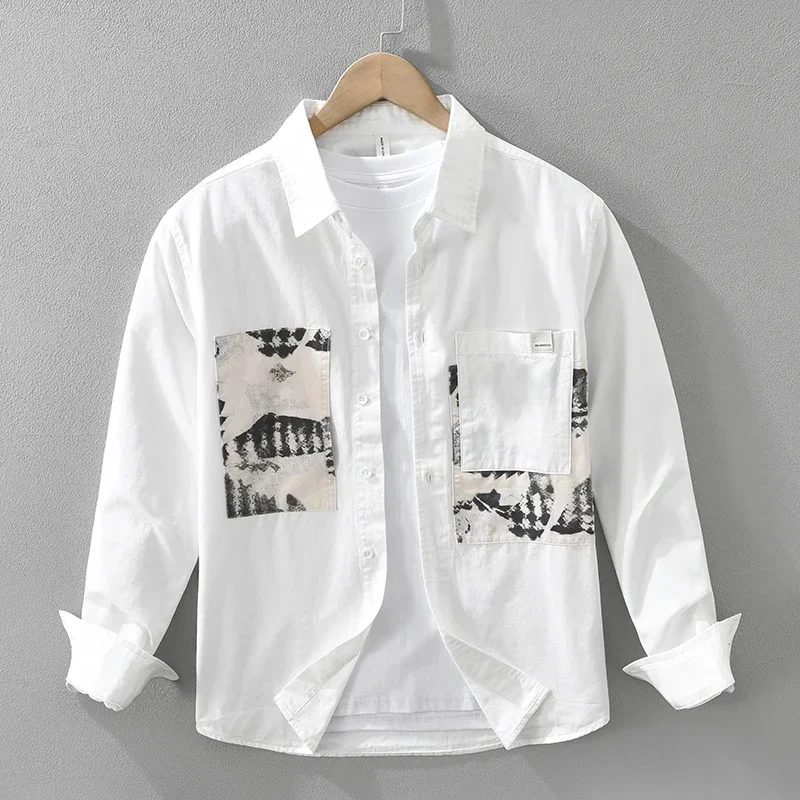 White Print Patchwork Long Sleeve Shirt for Men Casual Fashion Men's Clothing 2024 Autumn New