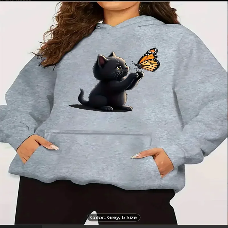

Женская толстовка с капюшоном и передним карманом, милый черный котенок, оранжевый пуловер с рисунком бабочки для повседневной повседневной одежды, хлопок