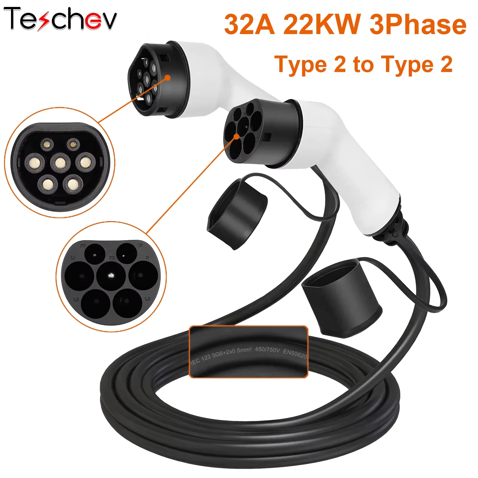 Teschev 16A/32A 11kW Type naar Type2 EV-oplaadkabel IEC 62196-2 oplader voor PHEV elektrische voertuigen in openbare stationen