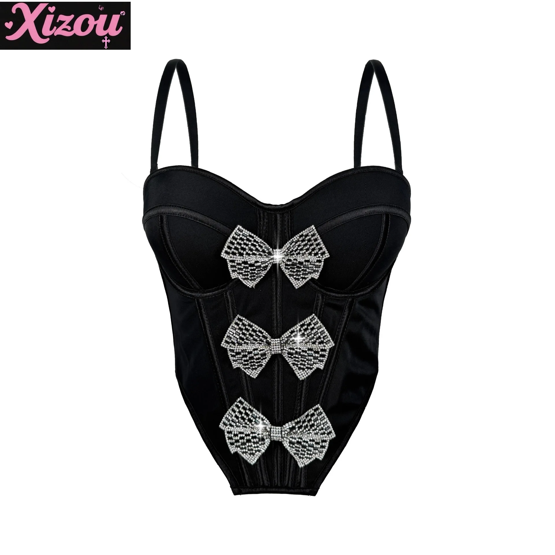 Europa Amerika Dark Cool Pittige Meisjes Strass Boog Visgraat Buste Vrouwen Sexy Tube Top Taille Sling Vest Dragen Visgraat tops