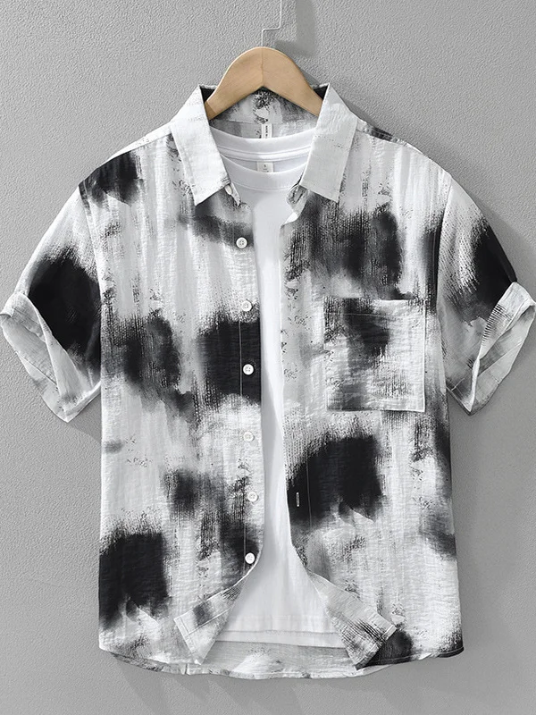 

Men's Summer ort Sve Linen irt Casual Drapey Faion Urban Sle Breathable Lightweight Vintage Watercolor Design