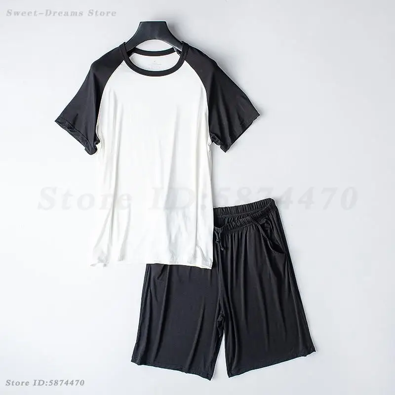 Male Pajamas Loose Casual Men's Home Clothes Fashion Patchwork Short Sleeved Top&Trouser Pijamas Suit Lingerie Loose Loungewear