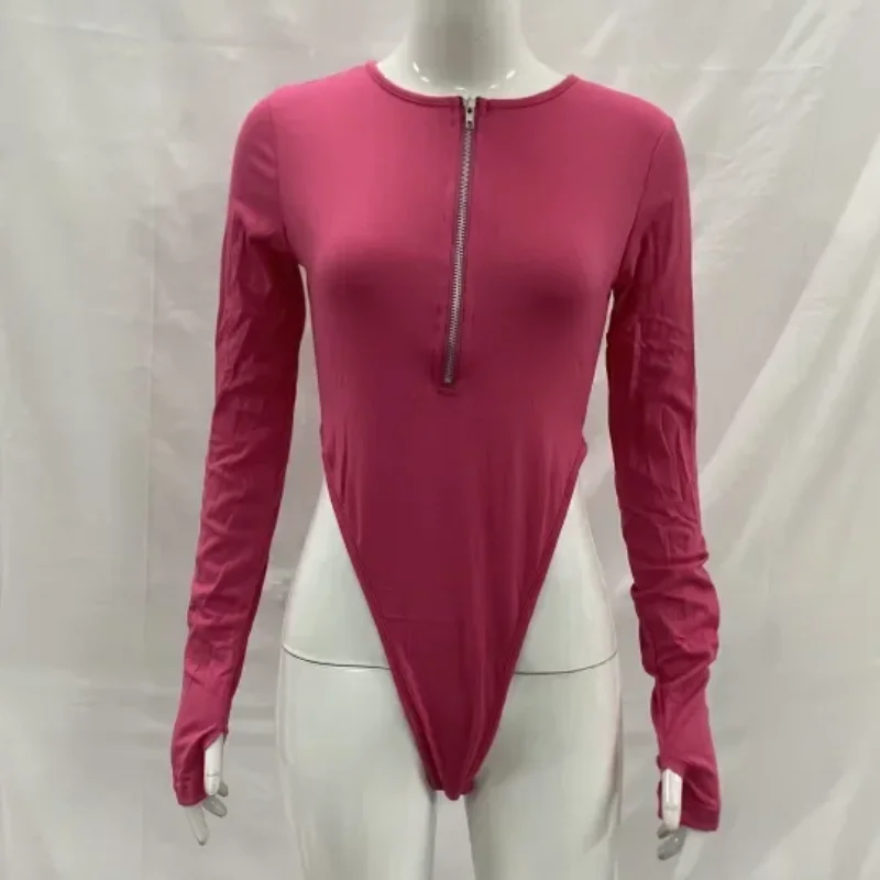 أزياء مثيرة الصلبة سستة طويلة الأكمام جولة الرقبة ضيقة عالية الخصر قمم أوروبا أمريكا الشارع الملابس النسائية ارتداءها