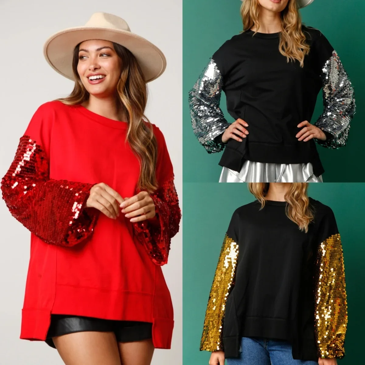 Sweatshirts Women Tops Round Neck Hoodies Sequin Top Casual Loose Streetwear Elegant Splice Sweatshirt Simple Autumn Winter