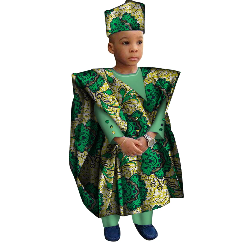 African Clothes with Hat Boy Tops and Pants African Print Clothes for Boys Bazin Riche Dashiki Gown Set WYT200