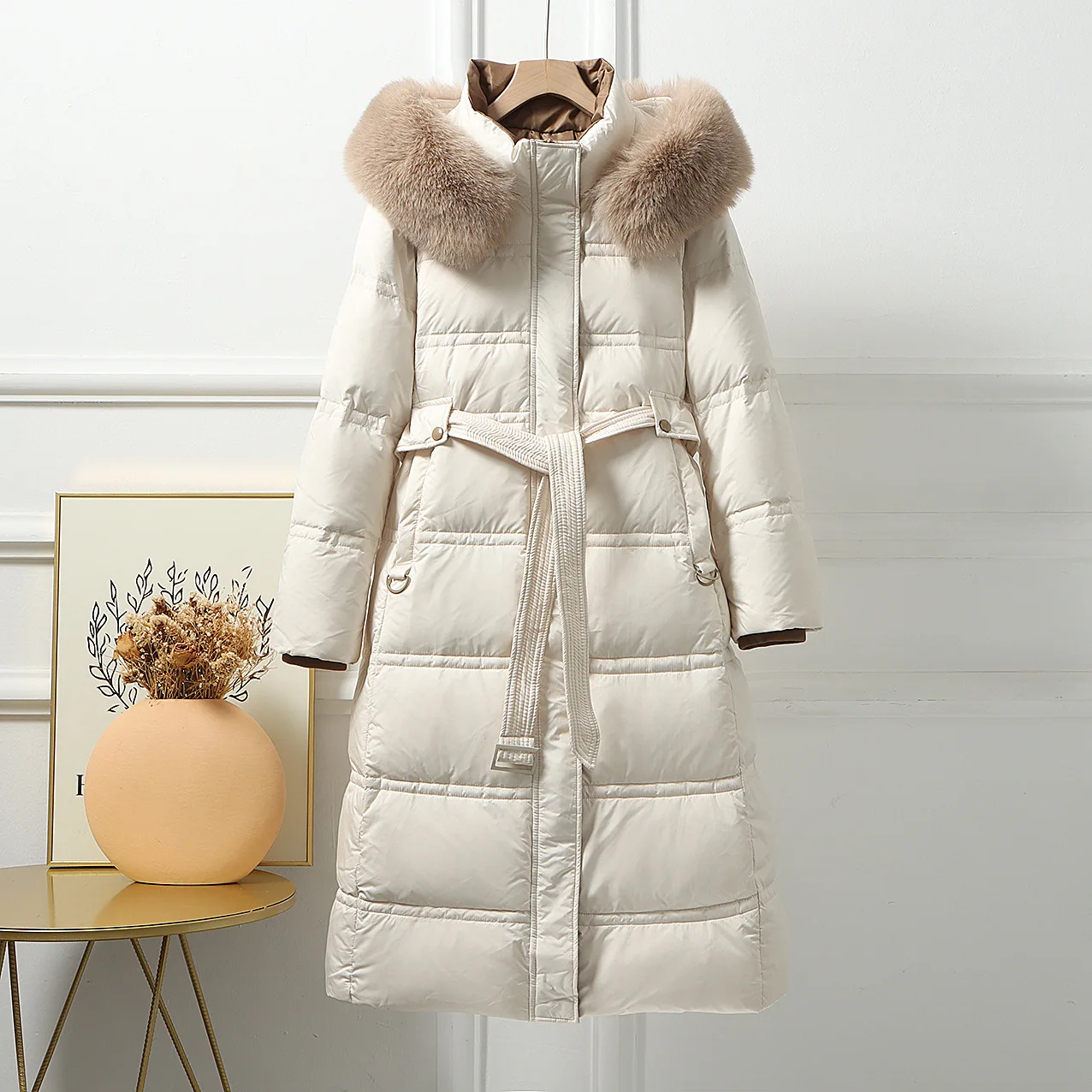 

Winter Natural Fur Collar Hooded Long Down Jacket Women Duck Down Knee Length Outwears Female with Belt Quilted Parker Overcoat