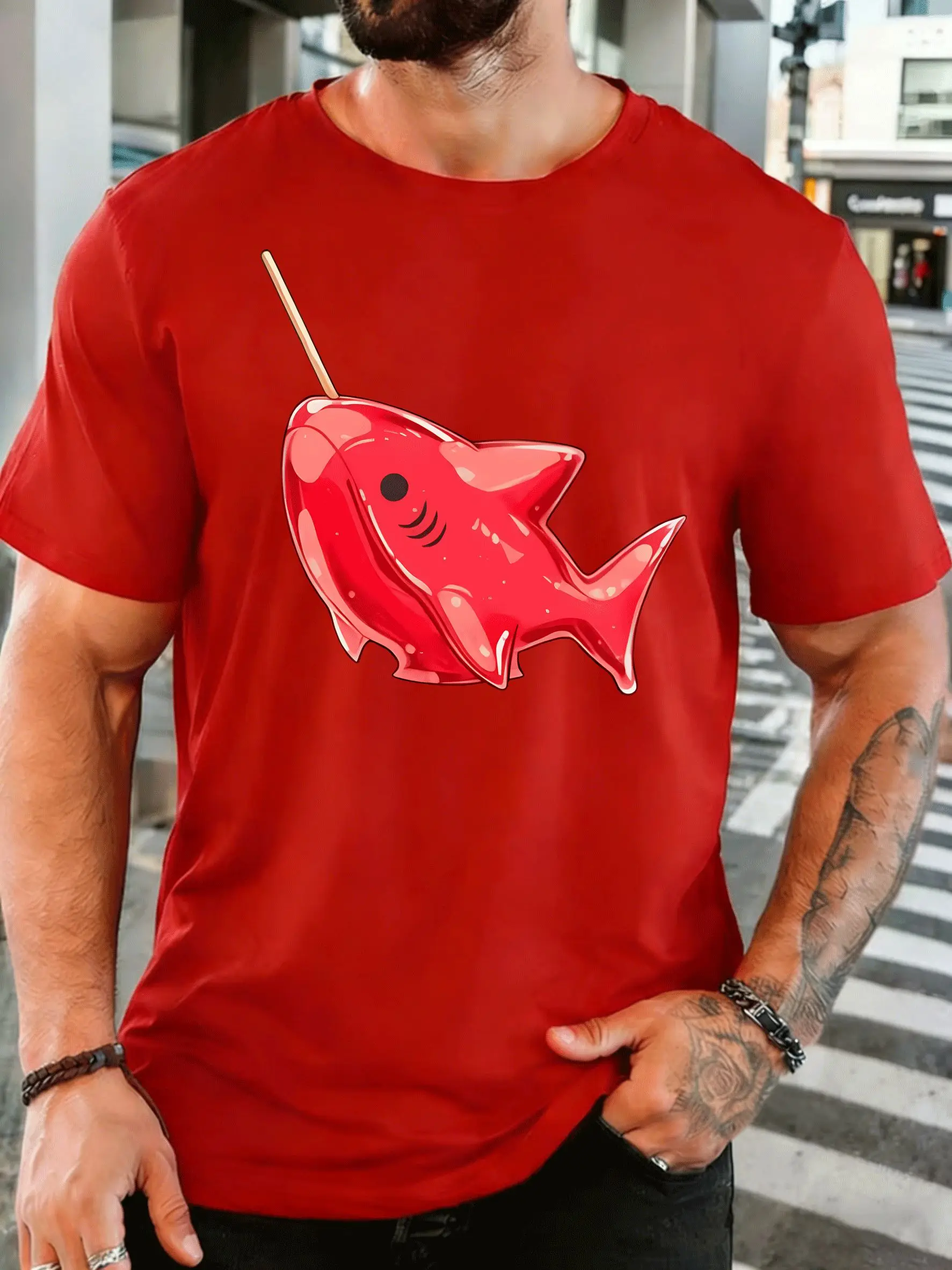 Cartoon Red Shark Shaped Lollipop Mens Front Print Shirt Funny Candy Graphic Tee Casual Short Sleeve Top Sweet Treat Lover Gift