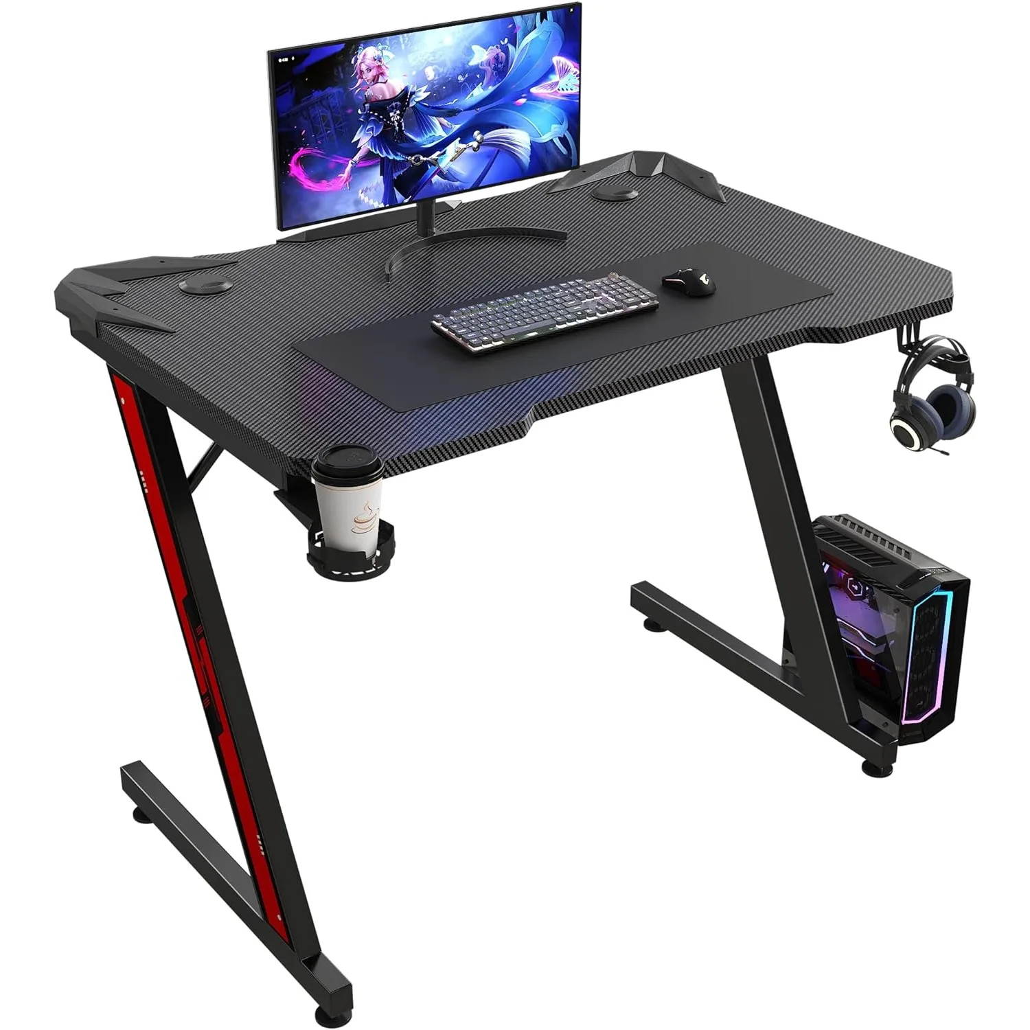 Gaming Computer Desk with Carbon Fiber Surface, Gaming Table Z Shaped Pc Home Office with Cup Holder&Headphone Hook(32 in)