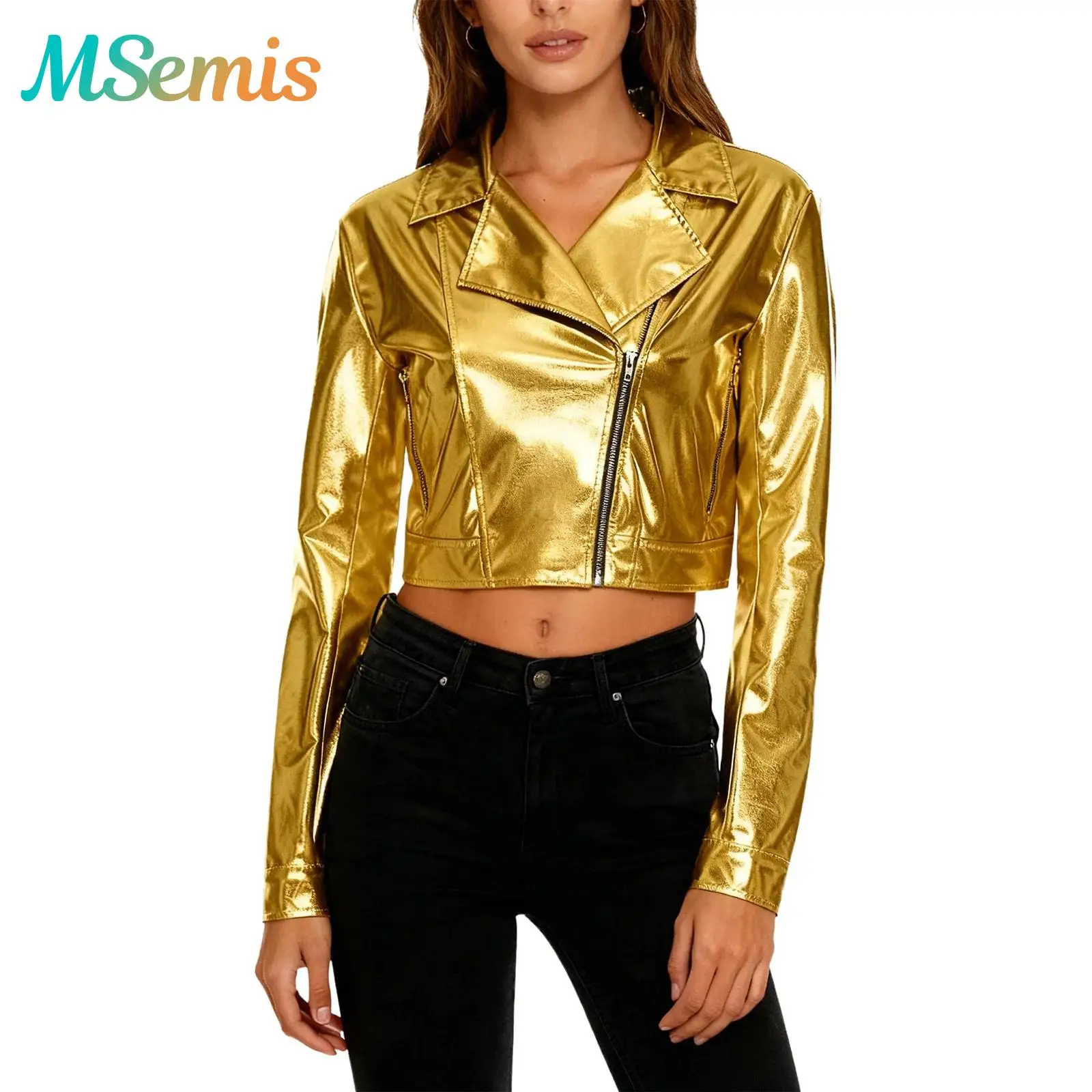 Womens Biker Cropped Moto Jacket Metallic Shiny Notch Lapel Long Sleeve Side Zipper Jacket Outerwear Music Festival Club Costume