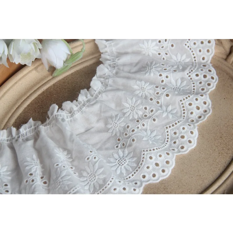 Cotton Pleated Ruffle Trim, Hollow Embroidery Guipure, 3D Lace Fabric Ribbon, Skirts Fringe Scarfs, Sewing Decor, White, Beige