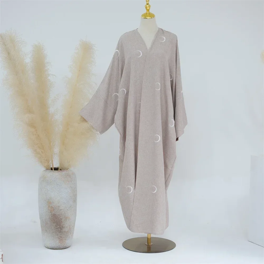 Abaya Linen Kimono Women Moon Embroidery Cardigan Muslim Dress Open Abayas Dubai Hijab Robe Ramadan Eid Islamic Clothing Turkey