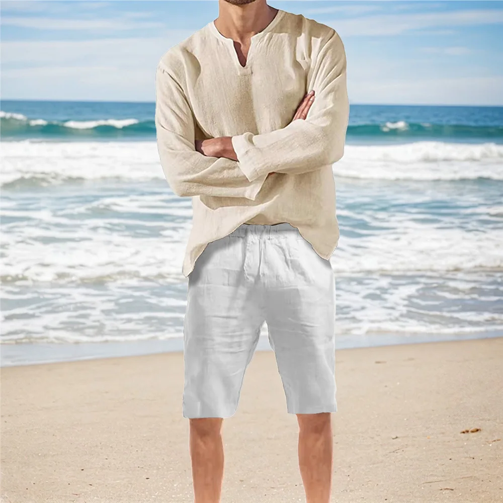 

Spring Summer Men's Sets Cotton Linen V-neck T-shirt Shorts Breathable Loose Fit Casual Cozy Tracksuit Male Trendy Suit