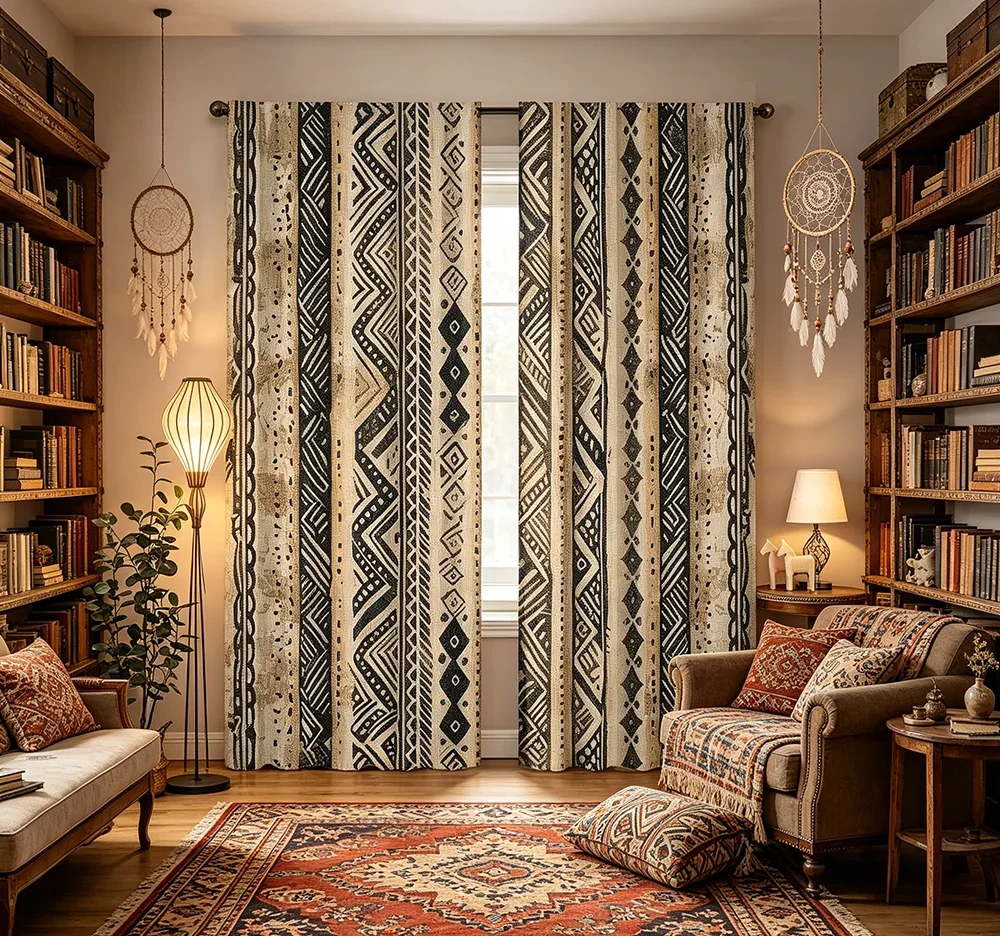 2PCS Digital Printed Curtains, Tribal Boho Pattern Ethnic Hippie, Modern Home Decor Style for Living Room Bedroom Decor