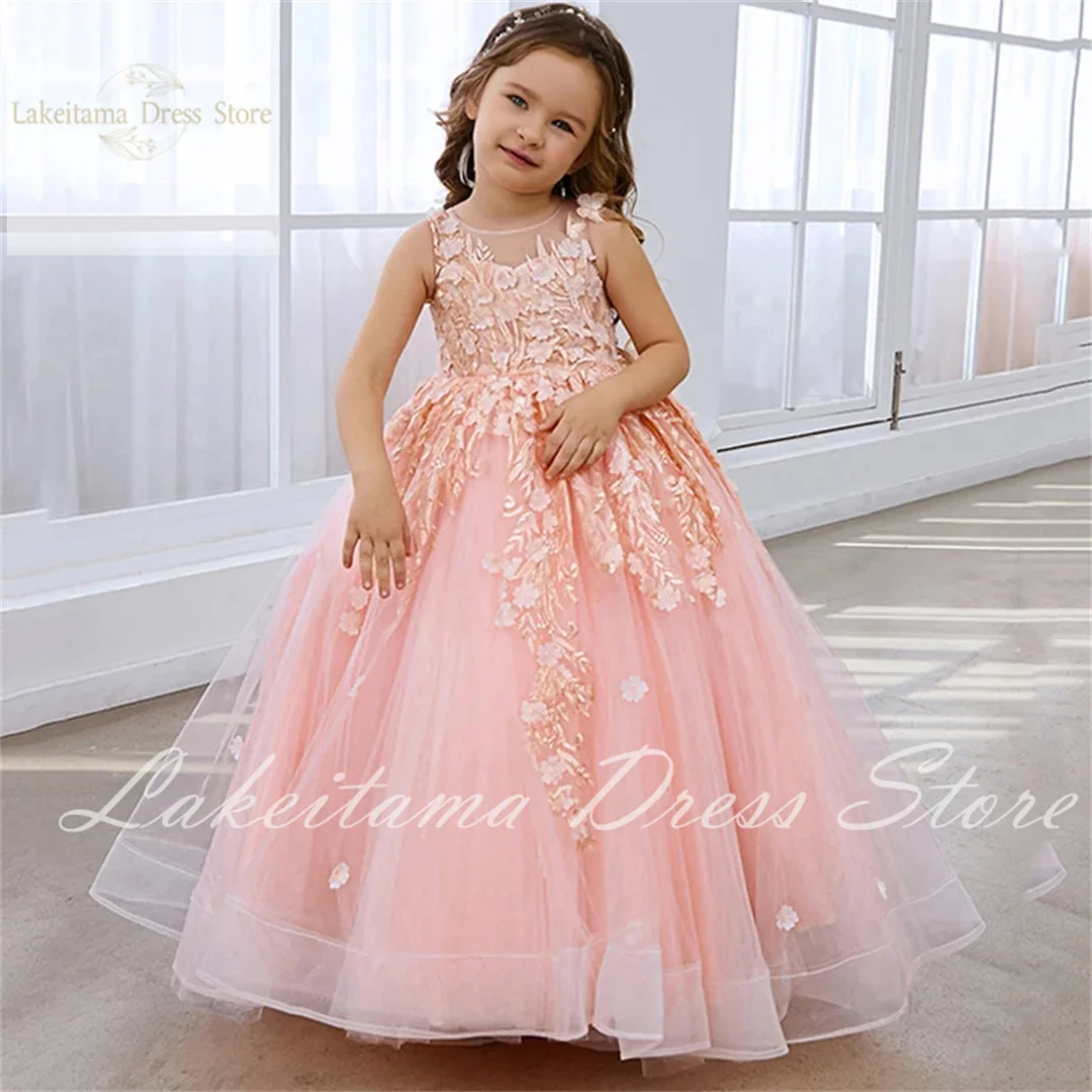 Pink Princess Flower Girl Dresses For Wedding Luxury Applique Lace Tulle Beauty Pageant Kids Birthday Party Ball Gowns