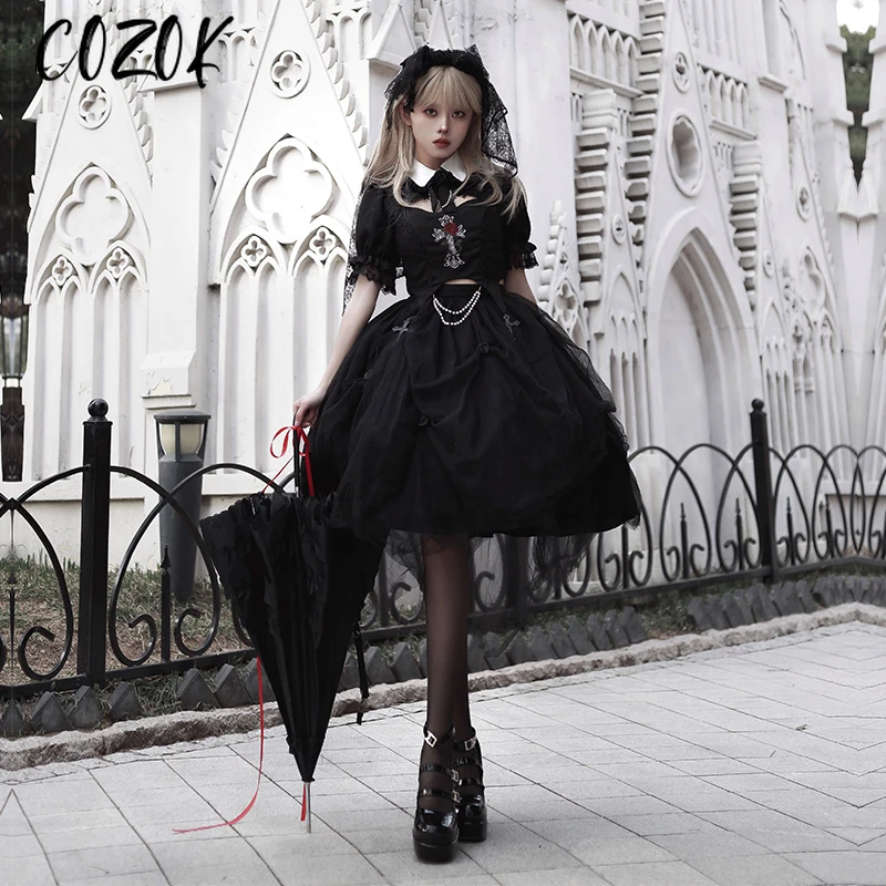 

Dark Gothic Original Design Lolita Dress Outfits Women's Slim Fit Bow Lace Short Sleeve Top + Elastic Waist Skirt Set Summer