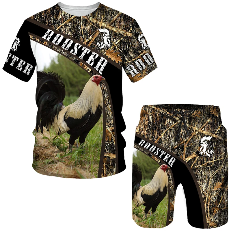 Ensemble de chasse imprimé 3D pour homme, t-shirt et short pour homme, tenue de survêtement Coq Animal, manches courtes, respzed imbibé, été, 2 pièces