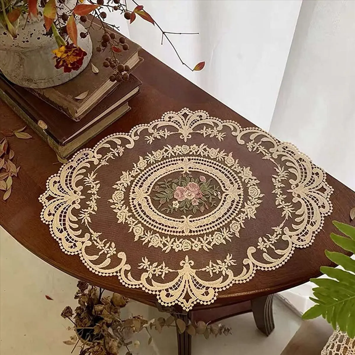 HITL 4 Pack Retro Lace Placemats, French Crochet Doilies, Handmade Embroidered Table Mats, 12x16-In Beige Place Mats Cup Mat