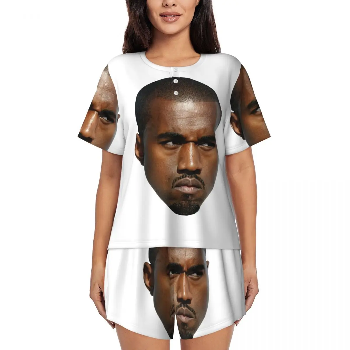 Custom Printed Women Funny Kanye West Meme Pajamas Set Short Sleeve Rapper Music Producer Sleepwear Loungewear Pjs 2 Piece Sets