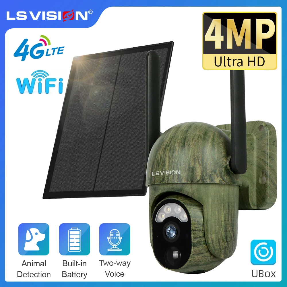 

LS VISION 4G Sim Солнечные камеры безопасности Открытый 4MP 2K Wi-Fi Обнаружение человека/животных Цветная водонепроницаемая камера ночного видения для дикой природы