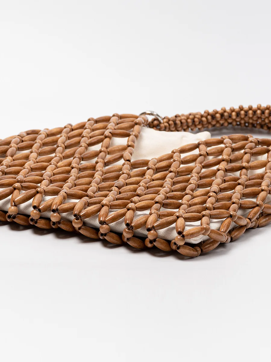 Handtasche aus Ahornholz, europäische und amerikanische gewebte Umhängetasche, Strandtasche für den Urlaub am Meer, neue Holzperlen-Tasche für Damen – Detail 5