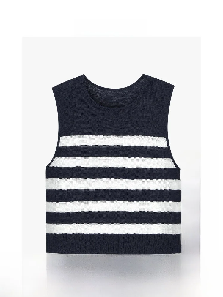 

GCRUES Women's Knitted Stripe Vest Sleeveless Summer Slimming Top Korean Style Loose Fit round Neck Casual Outerwear