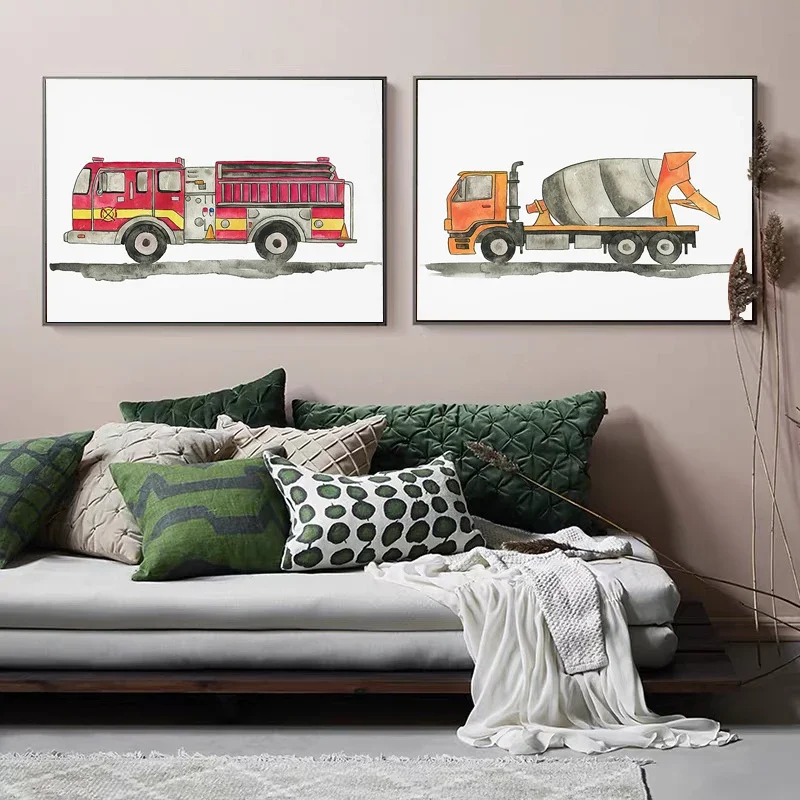 Nordic Engineering Vehicle Fire Truck Excavator Wall Art Aesthetics Print Canvas Painting Posters for Living Room Home Decor
