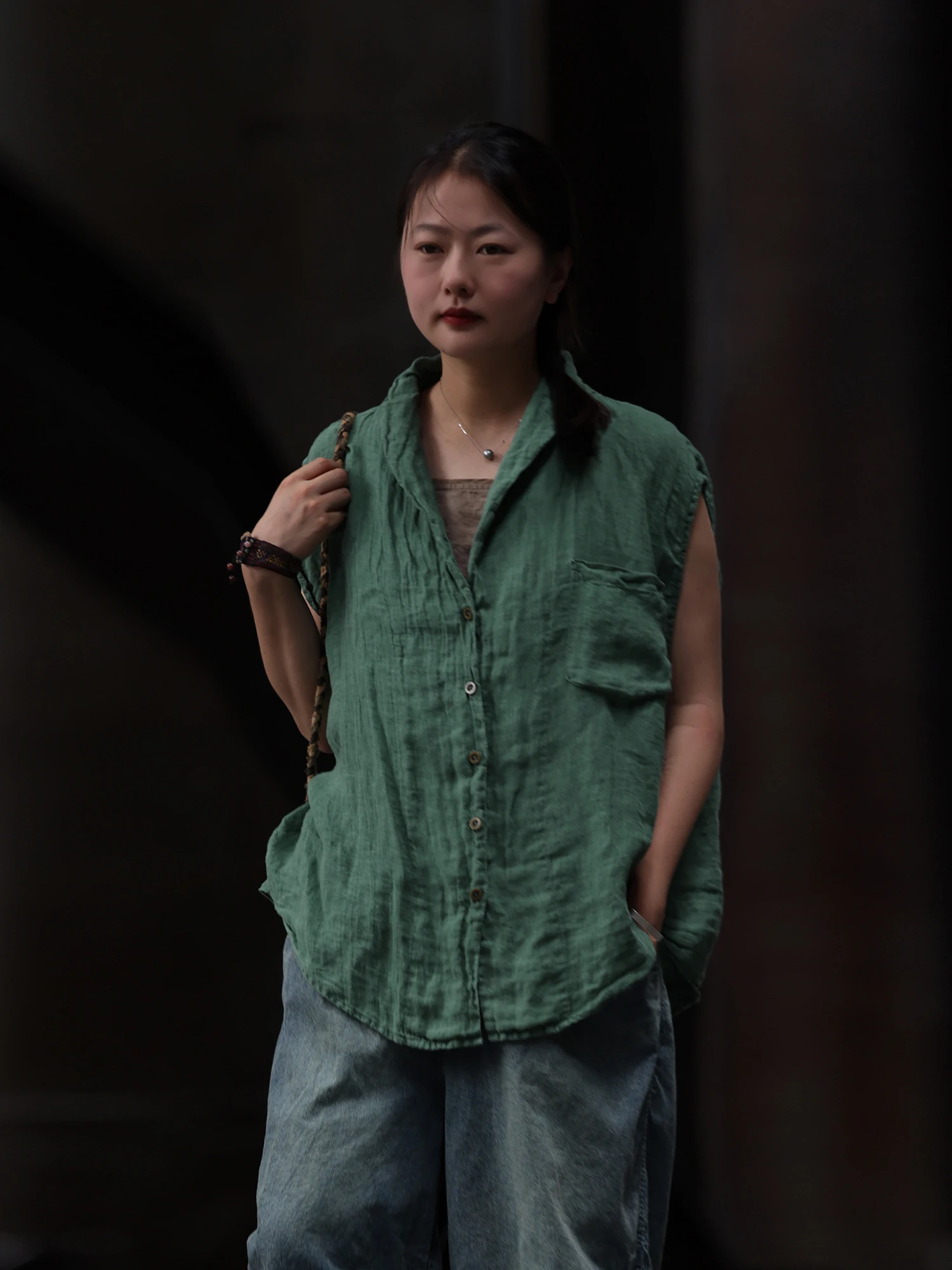 

PengPeng Home 38894 Thin Linen Collar ket Svel Top Original Design Loose Fit Pure Color Button up Summer irt