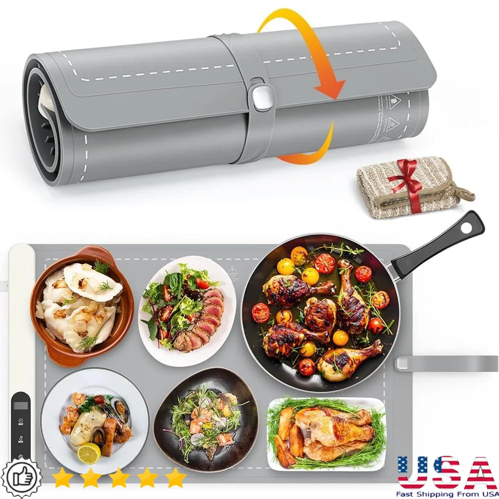 Electric Food Warming Mat with 6 Temperature Settings and Timer Silicone Heating Tray Camping Outdoor Cooking Food Warmer